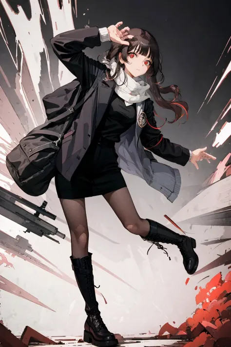 full body, wide shot, dynamic angle, absurdres,original,extremely delicate and beautiful,beautiful detailed eyes and face,1girl, black_hair, twintails, looking_at_viewer, solo,(masterpiece:1.4),(best quality:1.4),black leather boots, sweater, open jacket, pencil skirt, scarf, medium breasts, red eyes, very long hair, black pantyhose, blunt bangs, 