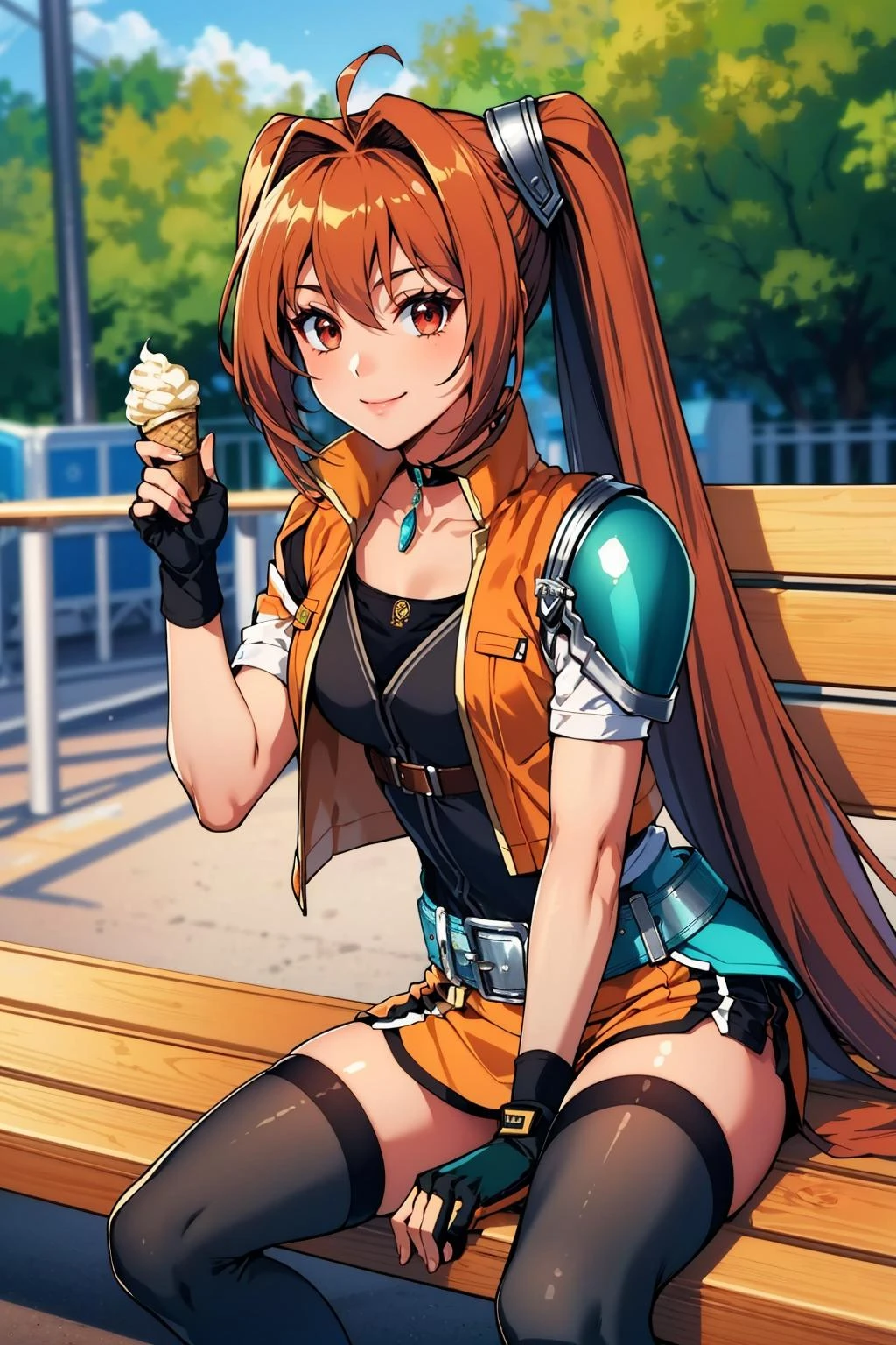 Chica anime sentada en un banco comiendo un cono de helado - SeaArt AI