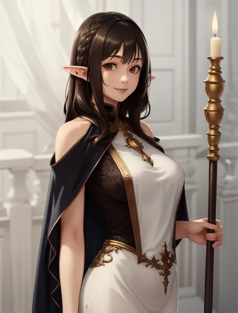 beautiful, masterpiece, best quality, extremely detailed face, perfect lighting, 1girl, solo, <lora:Houtengeki:0.9>, bangs, bare shoulders, braid, breasts, cape, closed mouth, dress, elf, green dress, hair ornament, large breasts, long hair, looking at viewer, pointy ears, red eyes, simple background, smile, solo, staff, white background