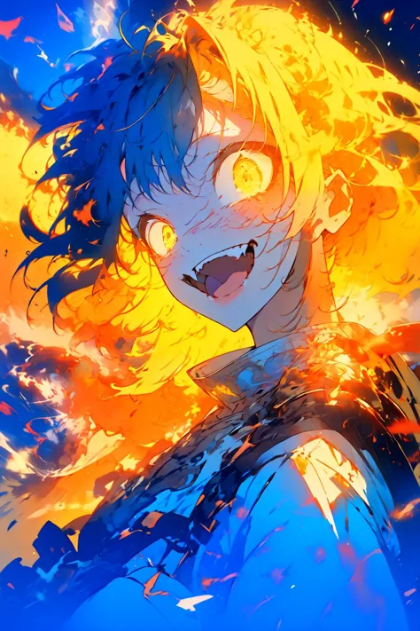 a girl with blue hair and a yellow fire in her mouth