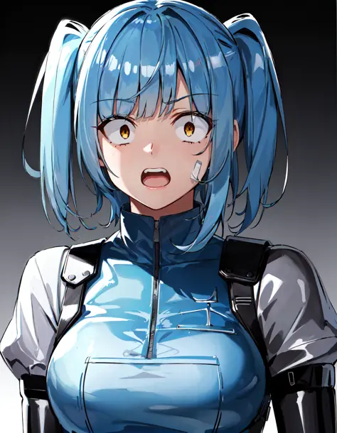 incredibly absurdres, smooth, 8k wallapaper, cropped arms, upper body portrait and dynamic pose, light brown eyes, constricted pupils, shocked , angry, screaming, looking at viewer, staring at viewer, elderly, old female character, 1girl, light blue hair and silver (gradient hair:1.2), blunt bangs, two side up, (science fiction style clothing and background:1.3), (shadows cast over face:1.3), dark room, shadow room, hard detailed shadows