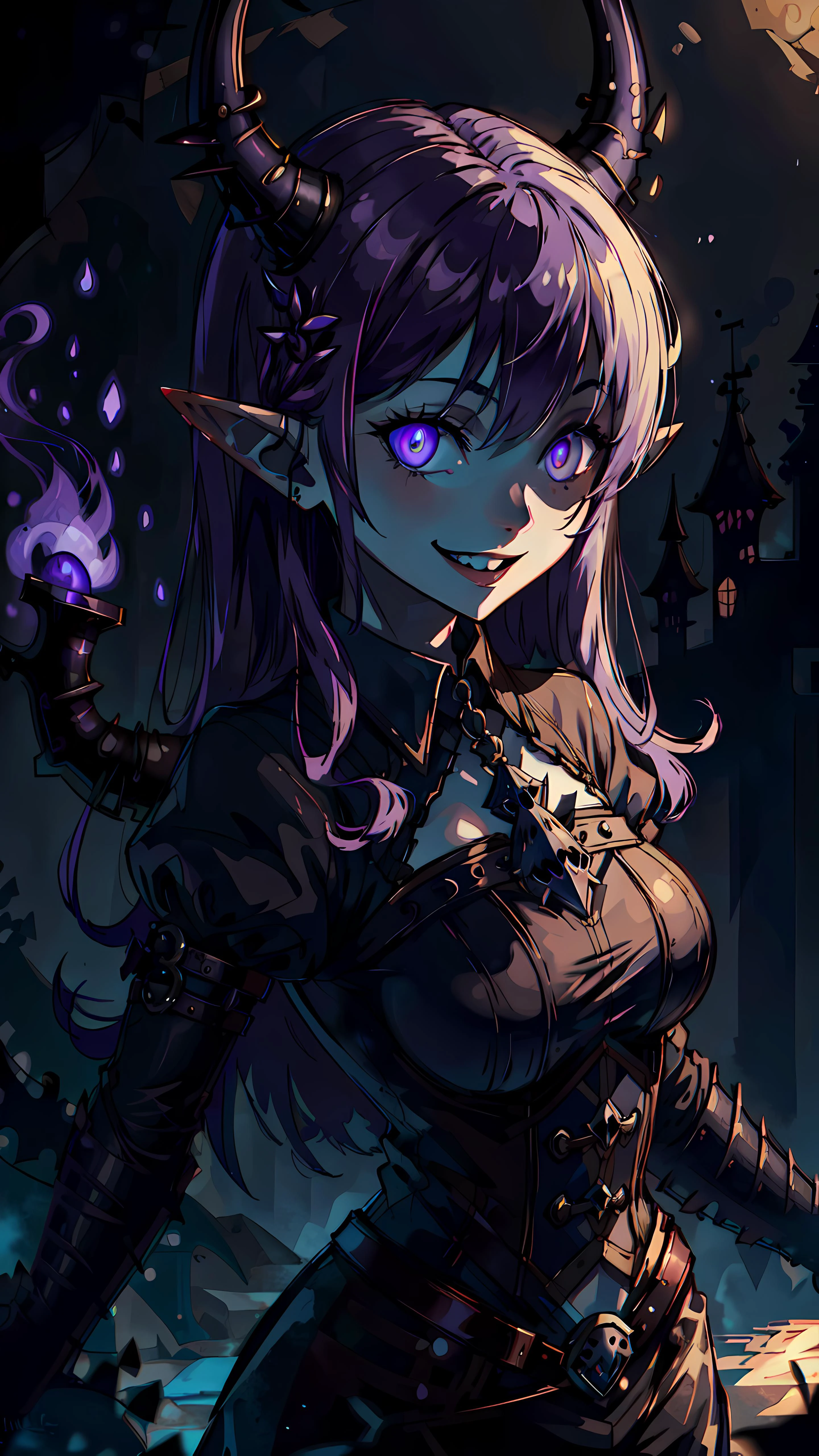 gothicpunkai, 1girl, elf, pointy ears, purple hair, purple glowing eyes, crazy smile, constricted pupils, in darkness, hiding in the shadows,