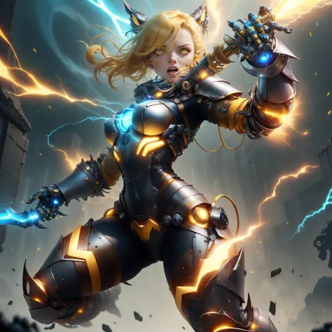 a woman in armor holding a sword and lightning