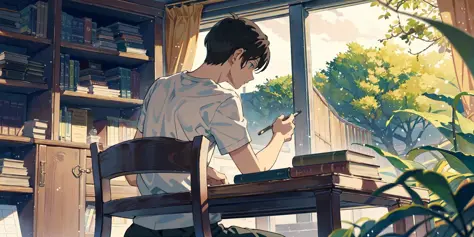 (masterpiece:1.2), best quality,PIXIV, The Garden of Words,
1boy, male focus, sitting, solo, from behind, indoors, shirt, book, ...