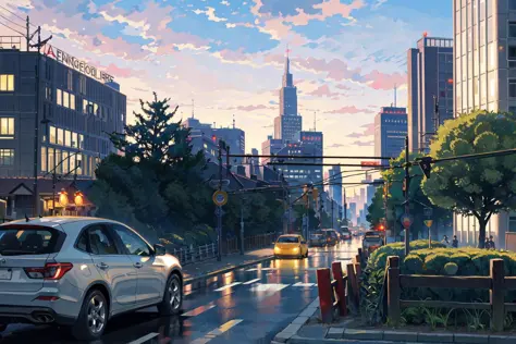 (masterpiece:1.2), best quality,PIXIV, The Garden of Words,
ground vehicle, motor vehicle, car, scenery, sign, no humans, road, ...