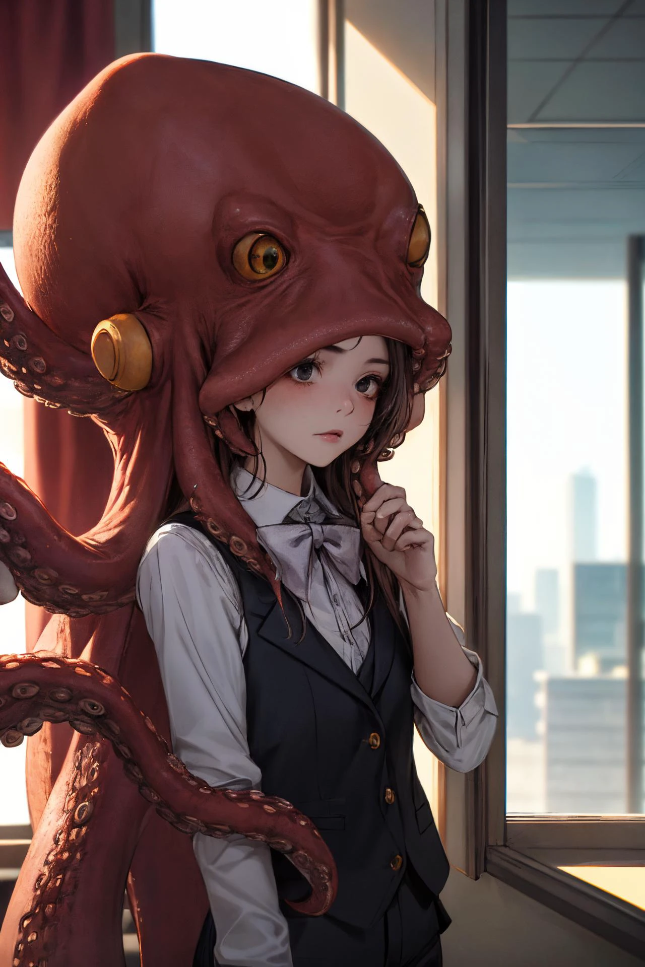 octopus, 1girl, matured female, face focus, vest, bow, best quality, hires, detailed face, office, buildings from window, detailed background, diffused sunlight, depth of field, bokeh