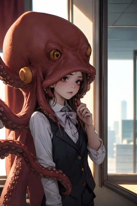 <lora:octopus_v0.5:1> octopus, 1girl, matured female, face focus, vest, bow, best quality, hires, detailed face, office, buildings from window, detailed background, diffused sunlight, depth of field, bokeh