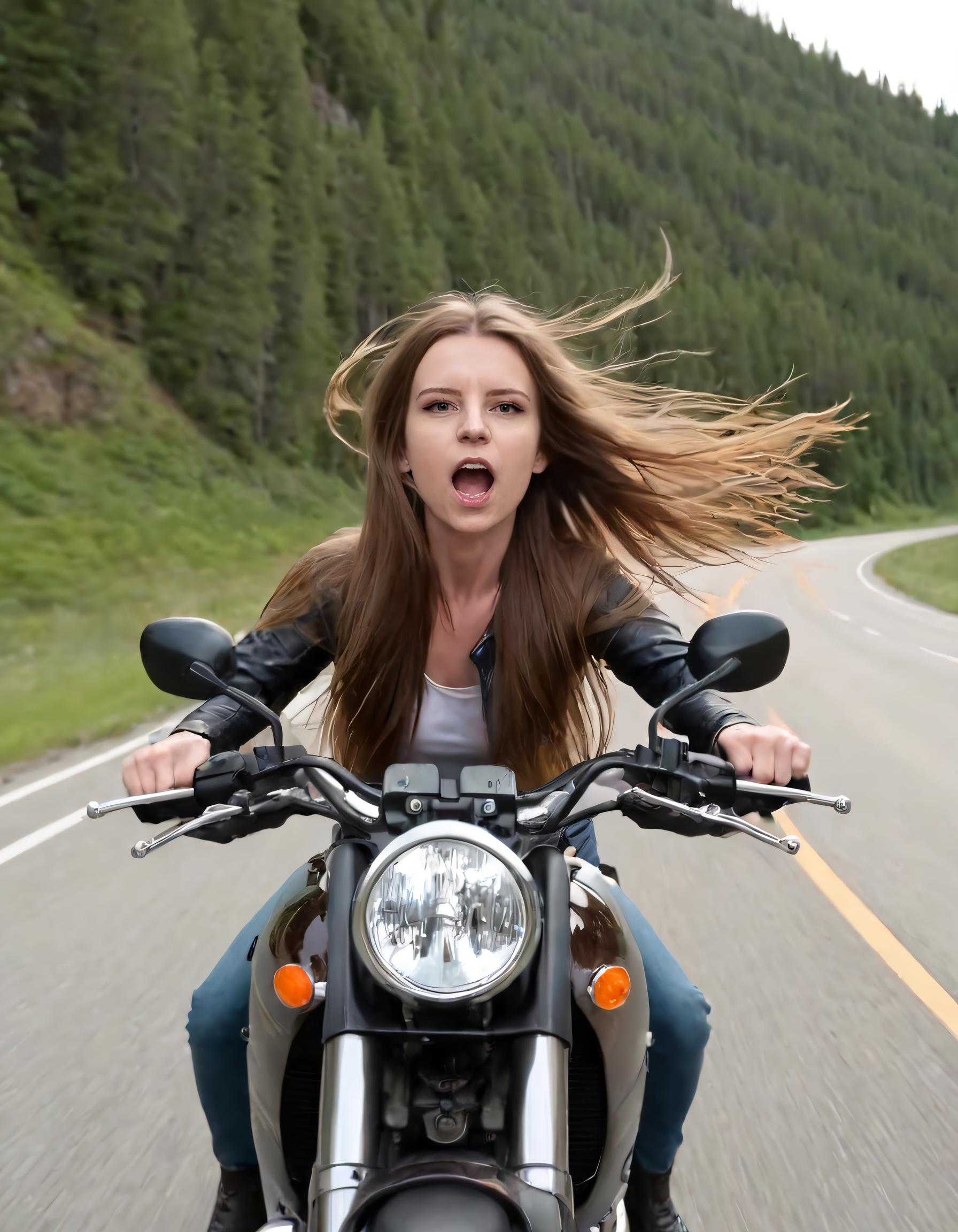 Woman riding a motorcycle on a road with trees in the background - SeaArt AI