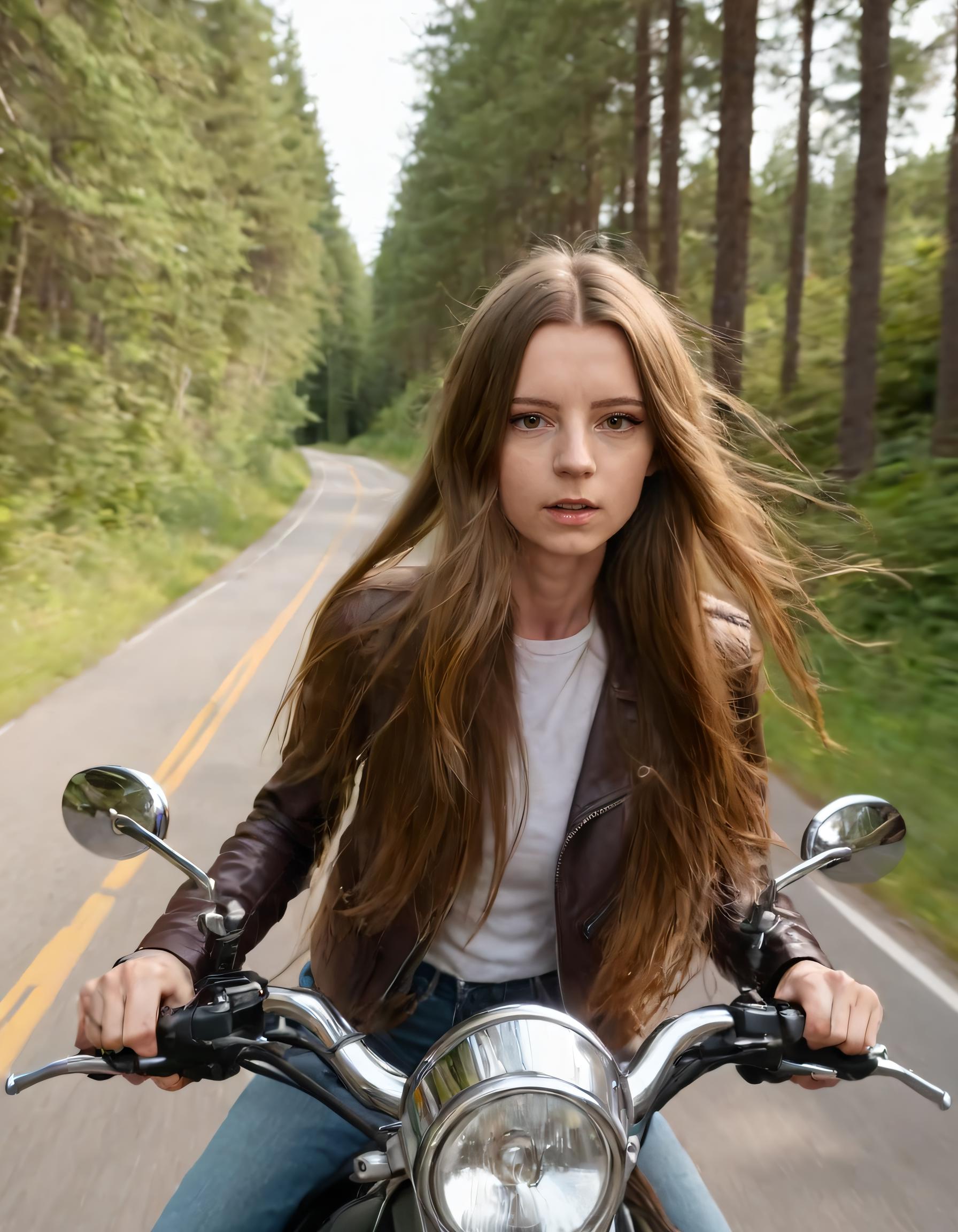 Mulher arafa andando de moto em uma estrada na floresta - SeaArt AI