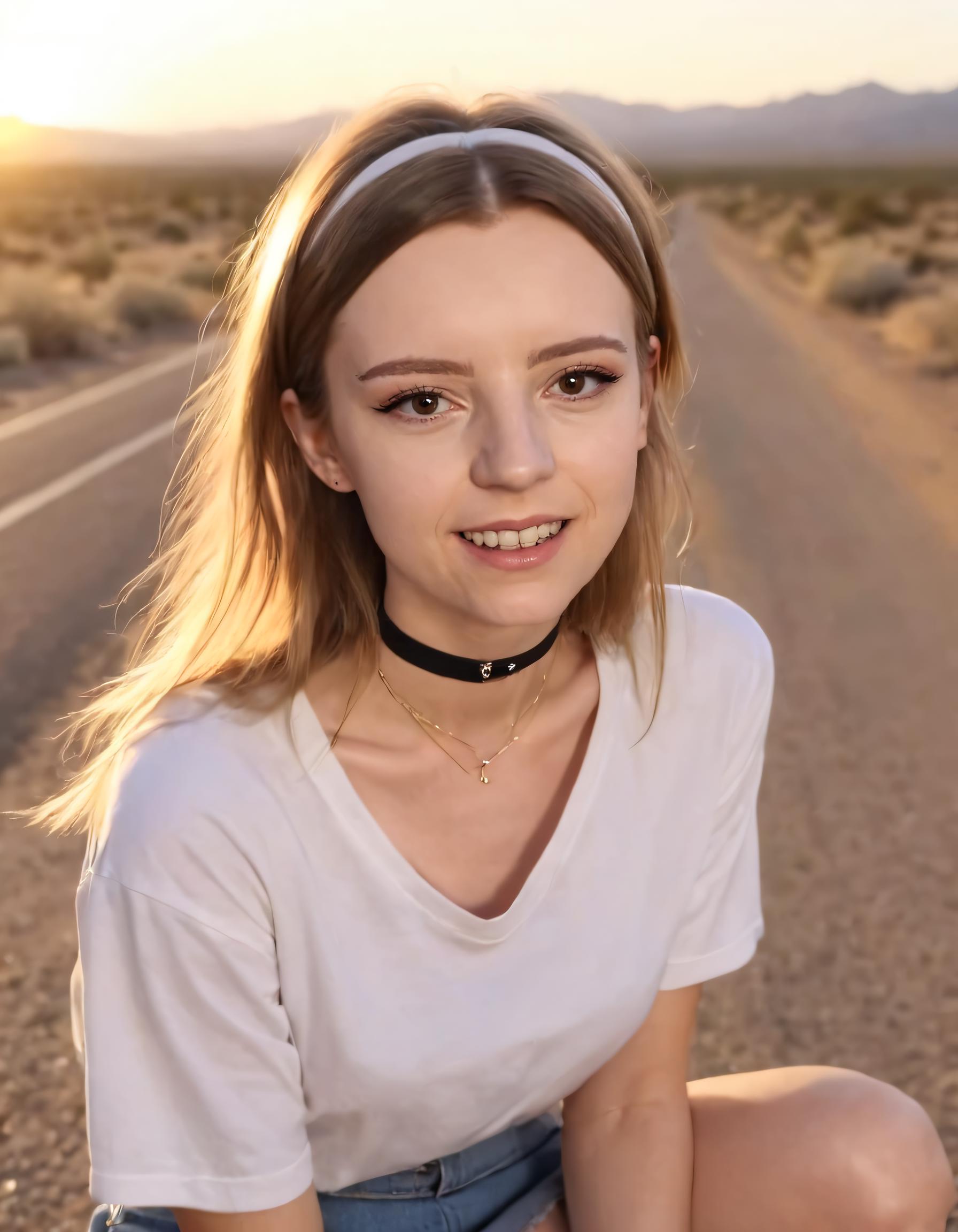 A woman sitting on a skateboard on a road in the desert - SeaArt AI