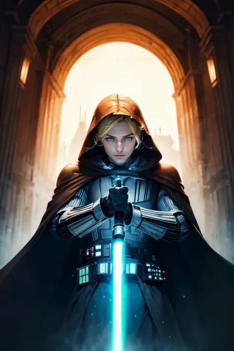 masterpiece, best quality, high quality shadow, highly detailed skin, dramatic light, skin details, 8K, photorealistic, cinematic, detailed eyes, ultra detailed, beautiful skin, detailed face, best shadow, highres, (boy), (blonde hair), green eyes, ((black armor, thick hooded cloak)), (holding Lightsaber), (spaceship tunnel), <lyco:UnlimitedBladeWorks1.6:1>,