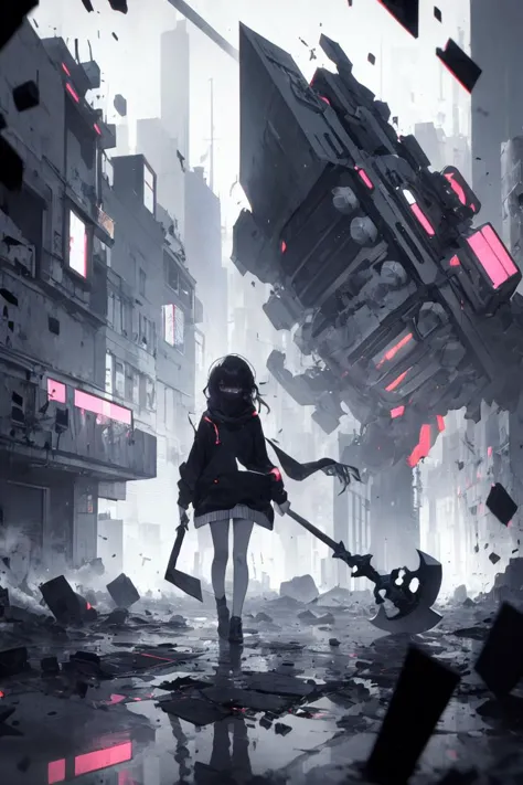 (masterpiece, best quality, ultra detailed), delicate pattern, detailed background, 1girl, solo, damage effect, glitch, machinery, holding axe, <lora:UnlimitedBladeWorks1.6:0.9>, hoodie, scarf, background collapsing building, high-contrast,