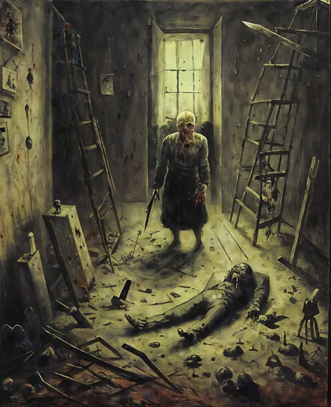 painting of a man standing in a room with a knife and a dead body