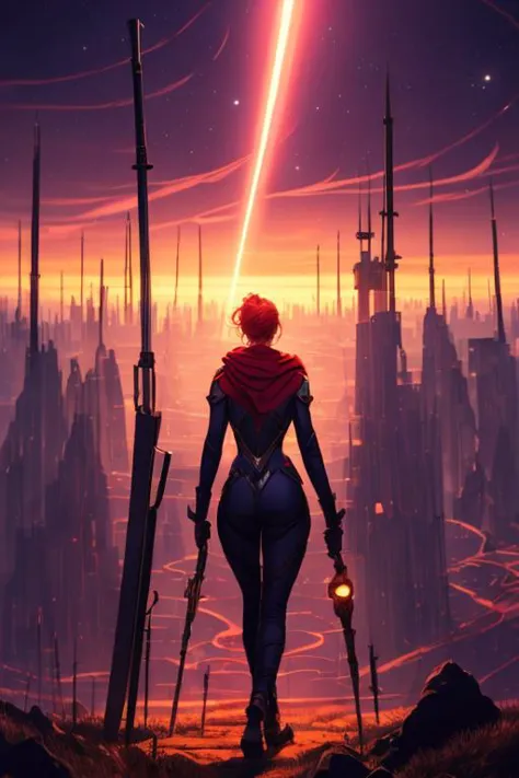 Best quality, masterpiece, realistic, 4k, absurdres, cinnamatic lighting, scifi, Neon light, glowing, dynamic angle, Unlimited Blade Works,dark asthetic environment, offworld  run down panet outpost , evening twilight, 3 planets in the night sky , stars,  celestial body, futuristic,  overlook,  city down in valley below, 1 girl,  from behind,(silhouette:1.2),looking back over shoulder,  Environmental scifi body suit, holding a scifi sword in hand held off to the side,(( long red scarf blowing  on a strong wind from the right)),(rim light:1.2), (back light:1.2), Crepuscular Ray <lora:Elsa:0.8> ,<lora:mecha_offset:0.6> ,<lyco:UnlimitedBladeWorksV1:0.7>, DarkFantasy,