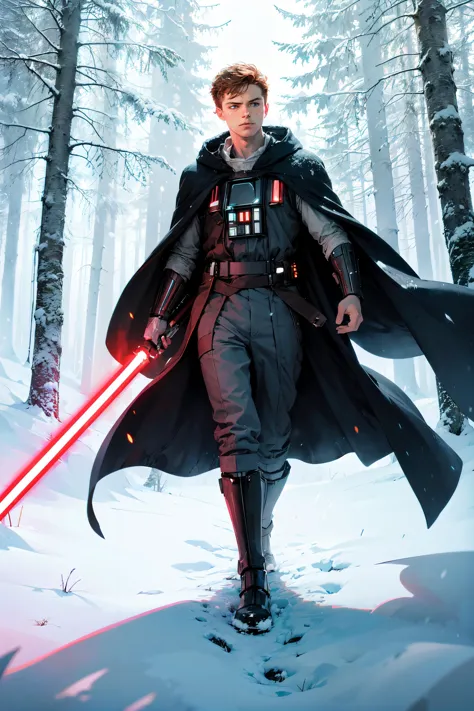 a man in a star wars outfit holding a lightsabed sword