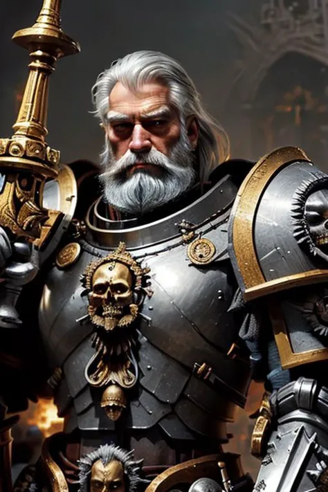 Art, Masterpiece, High quality, beautiful, a warrior standing in golden armor, Holding a halberd, Long gray hair, old man, warhammer 40k, golden eyes, long beard