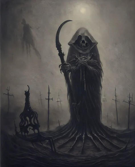 A dying God stands on the corpse of mankind with a Scythe, Fog, Rumbling earth, Dissonant,Macabre,Ominous, Anxiety,Anguish,Fear, Ladders, heavy Chiaroscuro, Symmetry, vibrant Monochromatic, in the style of (Leonora Carrington:1.1), ultra detailed, intricate, surrealism, oil on canvas, dry brush, <lyco:UnlimitedBladeWorksv0.4:0.8>