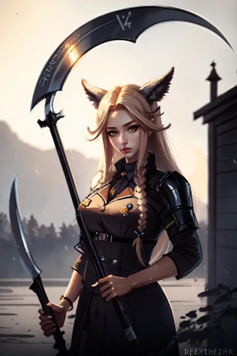 a woman with a scythet and a scythet on her shoulder