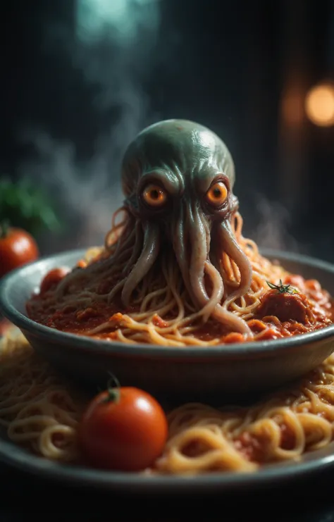 (sci-fi aesthetic:1.4), a dark and moody photo of (cthulu:1.4) floating above a steaming hot spaghetti bowl, evil glowing eyes, ...