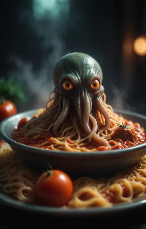 (sci-fi aesthetic:1.4), a dark and moody photo of (cthulu:1.4) floating above a steaming hot spaghetti bowl, evil glowing eyes, tentacles, grinded meat, cheese strands, garlic cloves, tomato sauce splatters, grated parmesan, 100mm lens, 8k, uhd, insane details, photorealism painting, foggy, hazy, cinematic lighting, (rim lighting, side lighting:1.4), bokeh, 4k, drama LUT <lora:TestLUTs1-000016:0.6>