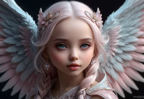 hyper detailed chibi beautiful coherent face angel, close up portrait, light pink jasmine, huge hyperdetailed fluffy wings, lots...