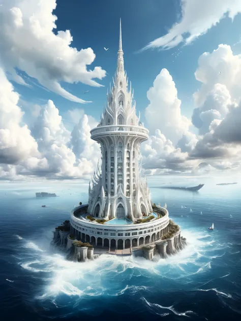 8k. highly detailed.

A surreal circular white spire, 30 storeys high, climbing high into the sky, reaching the clouds, surround...
