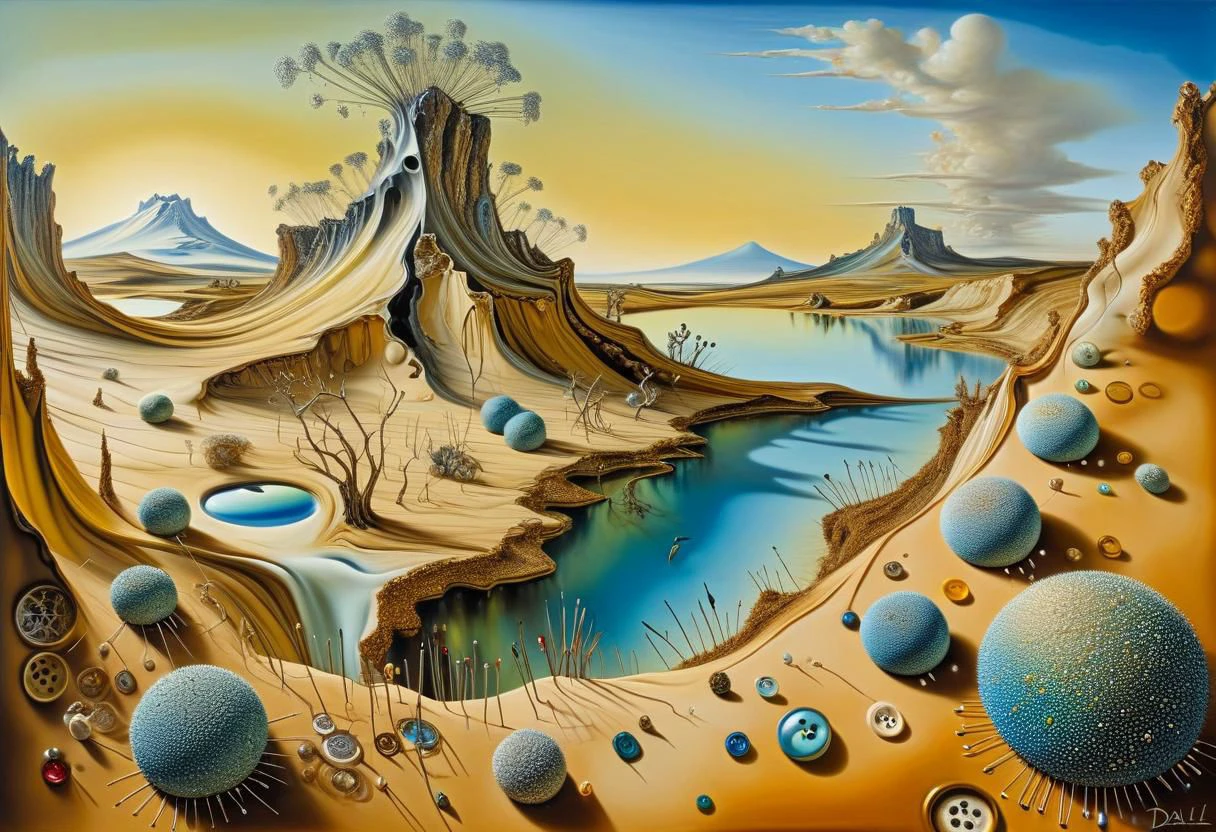 Pintura de paisagem surrealística detalhada de Salvador Dali, tudo é feito de DonMN33dl3P1ll0wXL