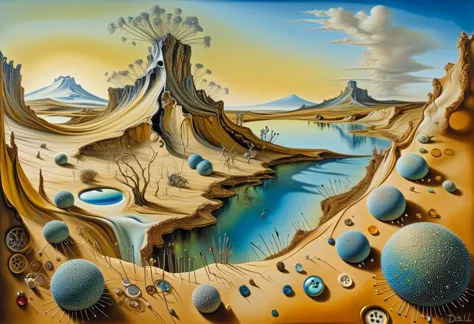 Detailliertes, surrealistisches Landschaftsgemälde von Salvador Dali, alles ist aus DonMN33dl3P1ll0wXL