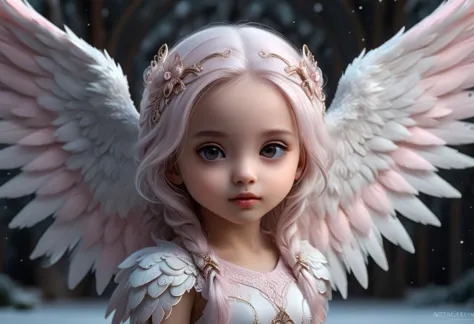 hyper detailed little chibi beautiful coherent face angel, fully body portrait, light pink jasmine, huge hyperdetailed fluffy wi...