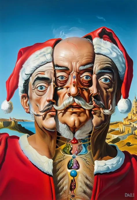 Detailed realistic surrealistic painting by Salvador Dali of Santa Claus split head and body