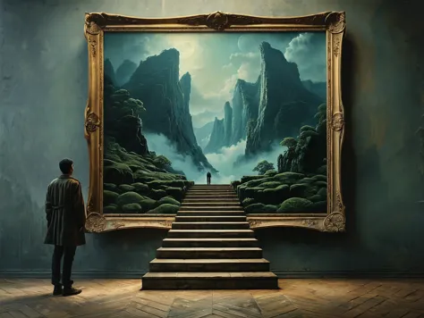 A man staring at an enormous framed artwork. Within the frame is the depiction of green beautiful tranquility, a place where a m...