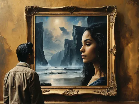 A man staring at an enormous framed artwork. Within the frame is a closeup of a beautiful woman he once knew. She beckons for hi...