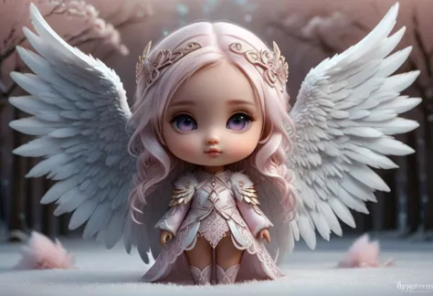 hyper detailed little chibi beautiful coherent face angel, fully body portrait, light pink jasmine, huge hyperdetailed fluffy wi...