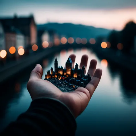 cinematic film still of 
a person holding a small city in their hand Perfect Hands, shallow depth of field, vignette, highly det...
