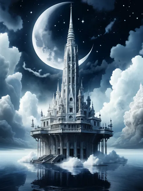 8k. highly detailed. Night. Eternal darkness. 

A surreal circular white spire, 30 storeys high, climbing high into the sky, rea...