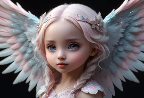 hyper detailed little chibi beautiful coherent face angel, close up portrait, light pink jasmine, huge hyperdetailed fluffy wing...