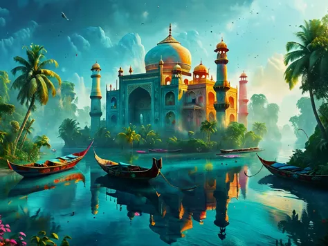 highly detailed, 8k, 

A colorful depiction of the Taj Mahal on an island in the middle of the ocean surrounded by lush forest. ...