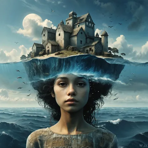 In the middle of a vast ocean is a head with a village on top of it.

Fantasy style. Dreamlike fantasy art. facing viewer.

hype...
