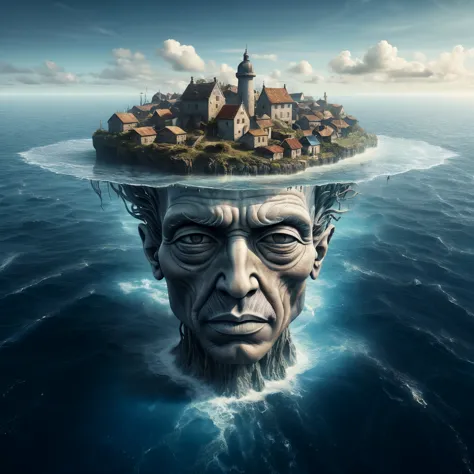 In the middle of a vast ocean a head appears above the surface of the sea. The top of the head is missing and in its place is a ...