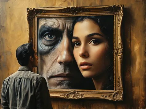 A man staring at an enormous framed artwork. Within the frame is a closeup of a beautiful woman he once knew. She looks him in t...