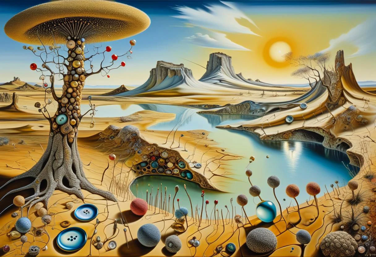 Pintura de paisaje surrealista detallada de Salvador Dali, todo está hecho de DonMN33dl3P1ll0wXL