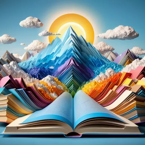 super detailed, 8K,


mountain ranges made of colorful books, clouds, sun,