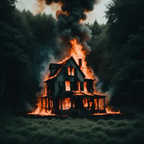 cinematic moody photo of a burning house in the middle of a lush forest