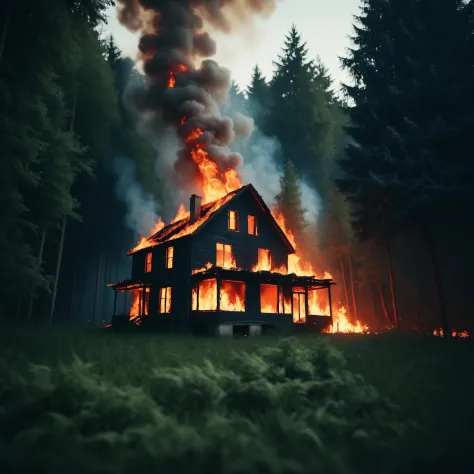 cinematic photo of a burning house in lush forest, depth of field, 8k