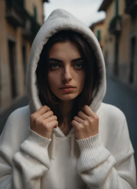 8k moody portrait photo of a beautiful italian woman wearing a white wool hoodie