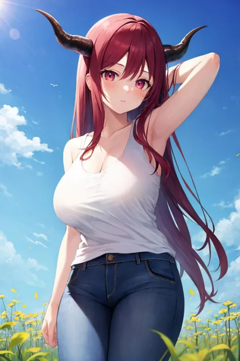 masterpiece, best quality, maou, white tank top, jeans, horns, large breasts, field, sky, from below <lora:maou-nvwls-v2:0.8>