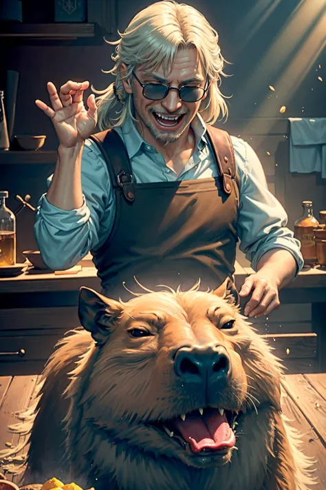 (masterpiece, 8k, natural lighting, soft lighting, sunlight,:1.3) HDR (High Dynamic Range), Maximum Clarity And Sharpness, Multi-Layered Textures,
Geralt serving a giant capybara, ((((laughing"1.245)))), cinematic lighting, film grain,pigtail hair perfect detail hands,perfect detail fingers, SaltBaeMeme, salt, sunglases