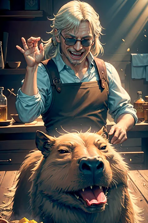 (masterpiece, 8k, natural lighting, soft lighting, sunlight,:1.3) HDR (High Dynamic Range), Maximum Clarity And Sharpness, Multi-Layered Textures,
Geralt serving a giant capybara, ((((laughing"1.245)))), cinematic lighting, film grain,pigtail hair <lora:capi-09:0.9>,perfect detail hands,perfect detail fingers, <lora:SaltBaeMeme:0.8> SaltBaeMeme, salt, sunglases