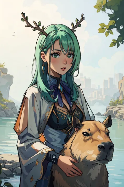 a woman with green hair and a blue dress holding a dog