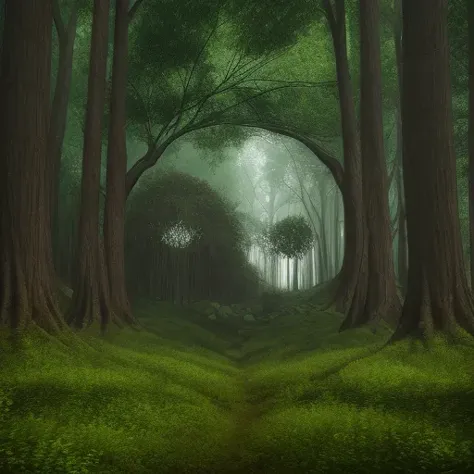 a green forest with a path through it and trees